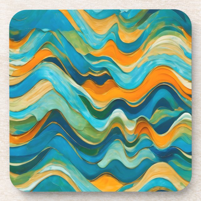 "Sanlúcar" Blue Green Orange Waves Beverage Coaster (Front)
