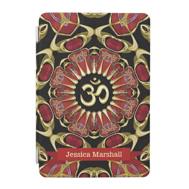 Sanskrit Om Gold + Red Baroque Custom Name iPad Mini Cover (Front)