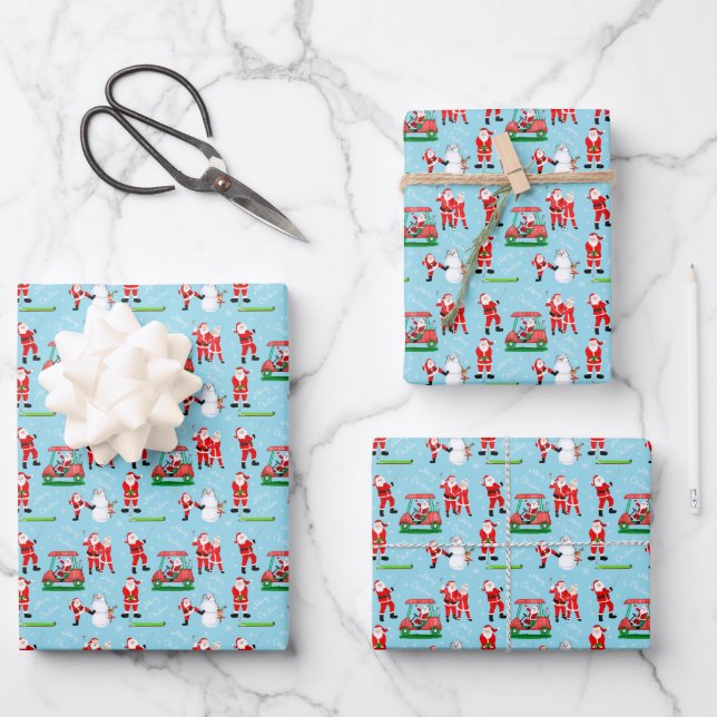 Sant Clause Christmas Golf Fun Wrapping Paper Sheets (Front)
