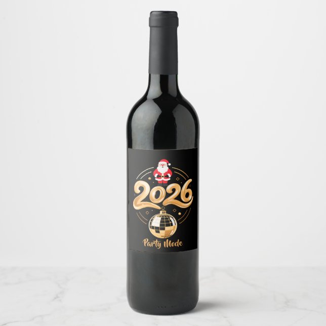 Santa 2026 Party Mode Gold Disco Christmas Wine Label (Front)
