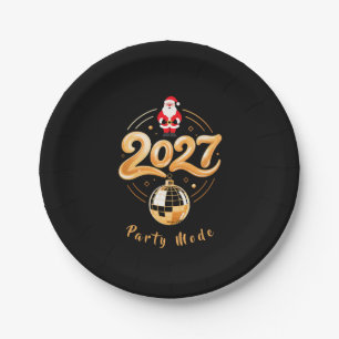 Santa 2027 Party Mode Gold Disco Christmas Paper Plates