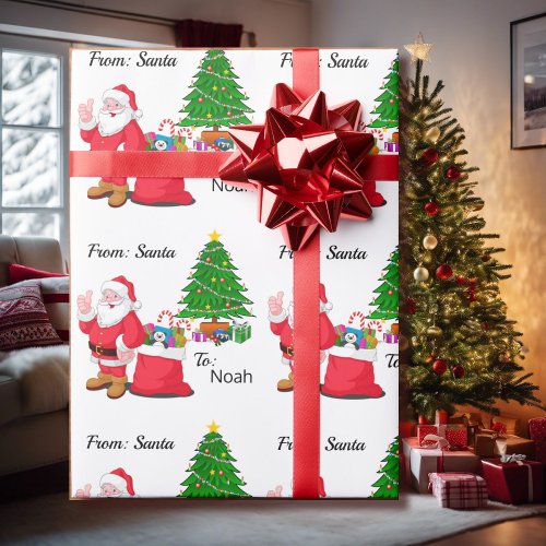 Santa Add Childs NAME Classic Christmas Theme Wrapping Paper