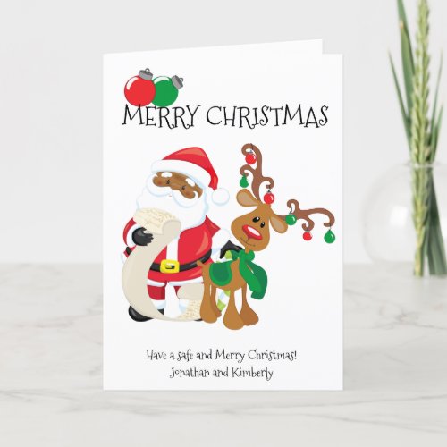 Santa African American Reindeer Christmas Holiday Card