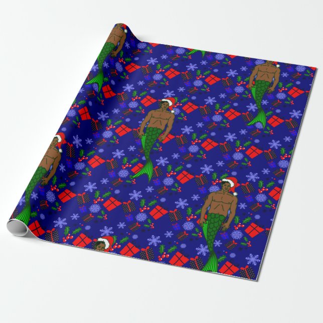 santa african black merman ugly xmas mermaid gifts wrapping paper (Unrolled)
