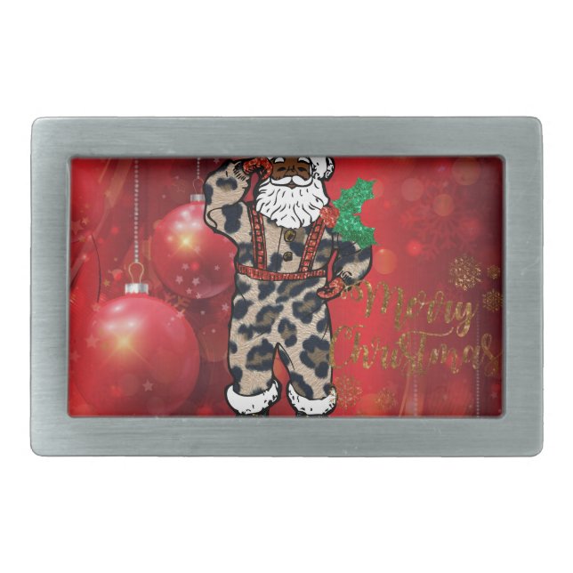 santa african leopard claus red rectangular belt buckle (Front)