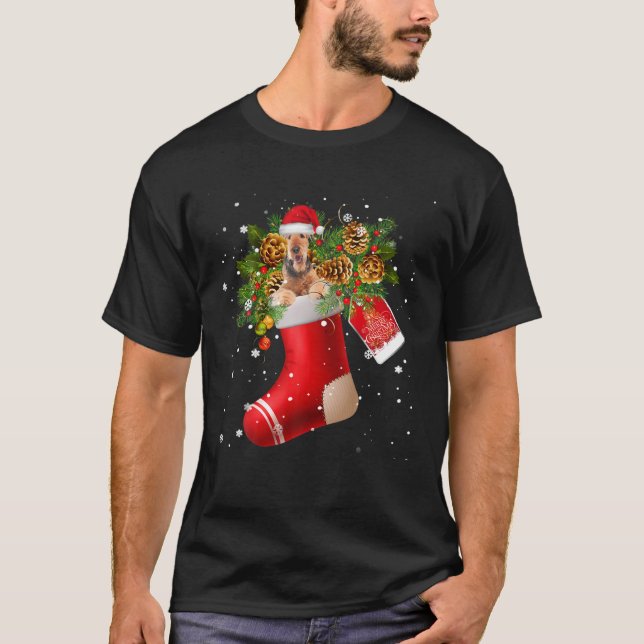 Santa Airedale Terrier In Christmas Sock Pajama T-Shirt (Front)