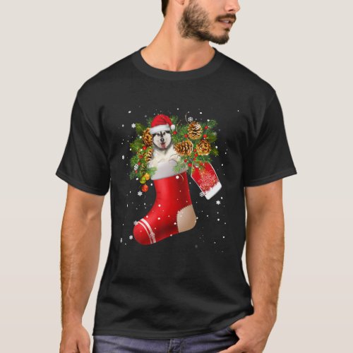 Santa Alaskan Malamute In Christmas Sock Pajama T_Shirt