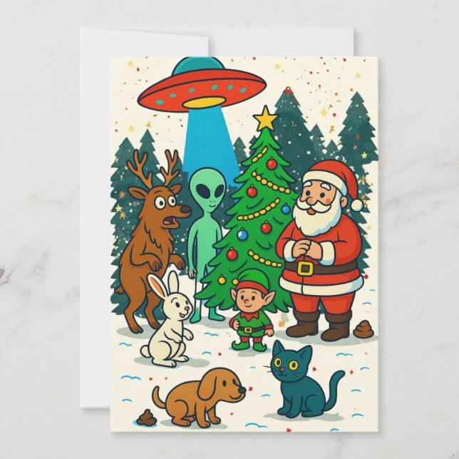 Santa, Aliens & Holiday Poop Christmas Encounter Card (Front)