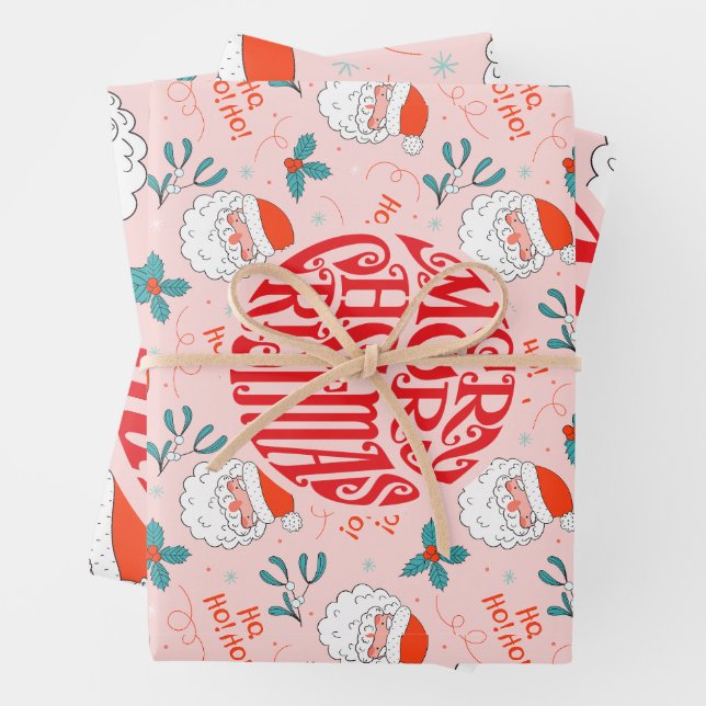 Santa all over print Joyful Greetings collection Wrapping Paper Sheets (In situ)