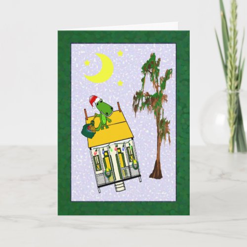 Santa Alligator Cajun House Christmas green Holiday Card