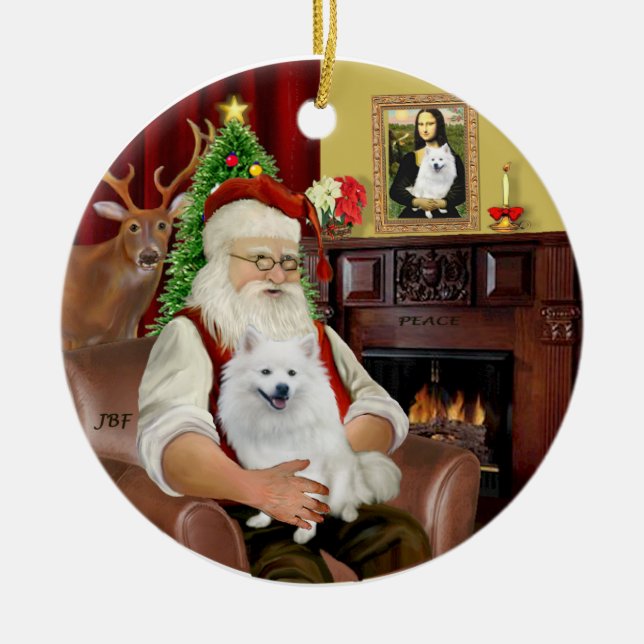 Santa-American Eskimo Dog Ceramic Ornament (Front)
