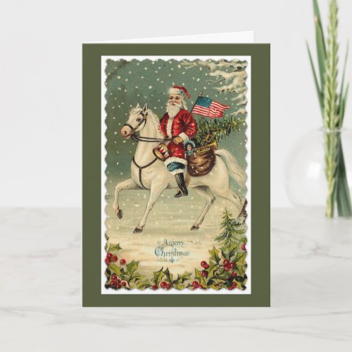 Santa American Flag Horse Christmas Holiday Card