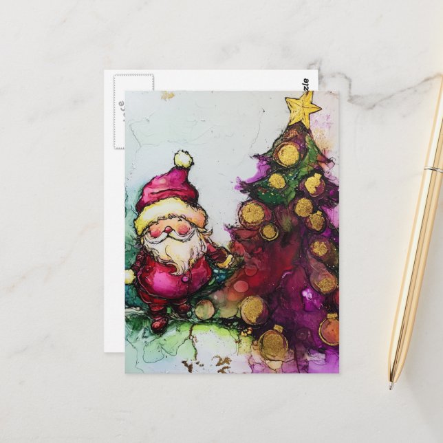 Santa and a Christmas Tree Alcohol Inks Postcard (Front/Back In Situ)
