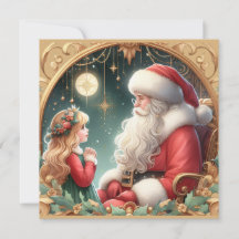 Santa and a little girl, red & gold Postcard