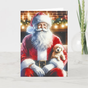 Santa and a Puppy Vintage Christmas Holiday Card