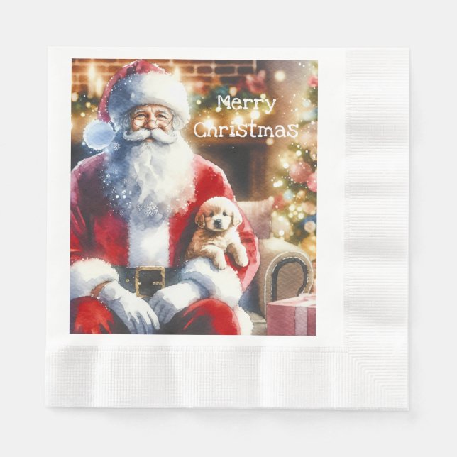 Santa and a Puppy | Vintage Christmas Napkins (Front)