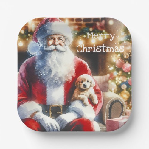 Santa and a Puppy  Vintage Christmas Paper Plates