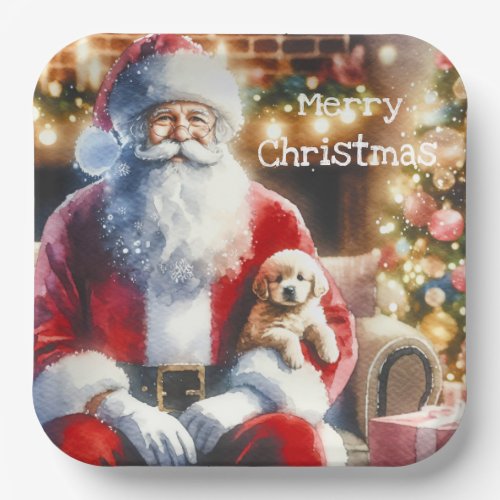 Santa and a Puppy  Vintage Christmas Paper Plates