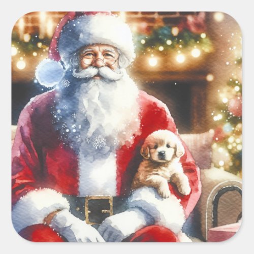 Santa and a Puppy  Vintage Christmas Square Sticker