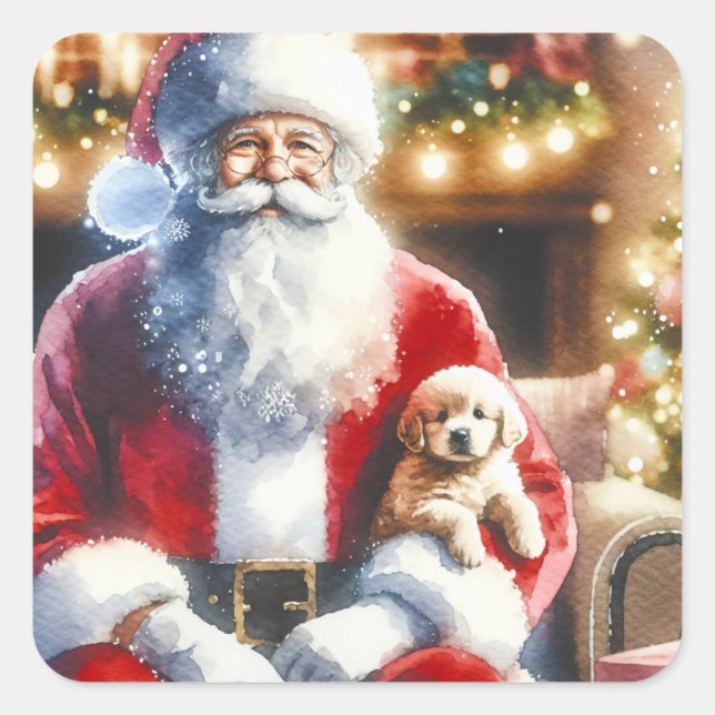 Santa and a Puppy | Vintage Christmas Square Sticker (Front)
