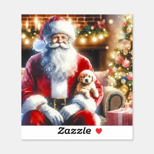 Santa and a Puppy  Vintage Christmas Sticker