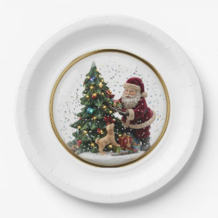 Santa and adorable Puppy Christmas Tree Design Paper Plates