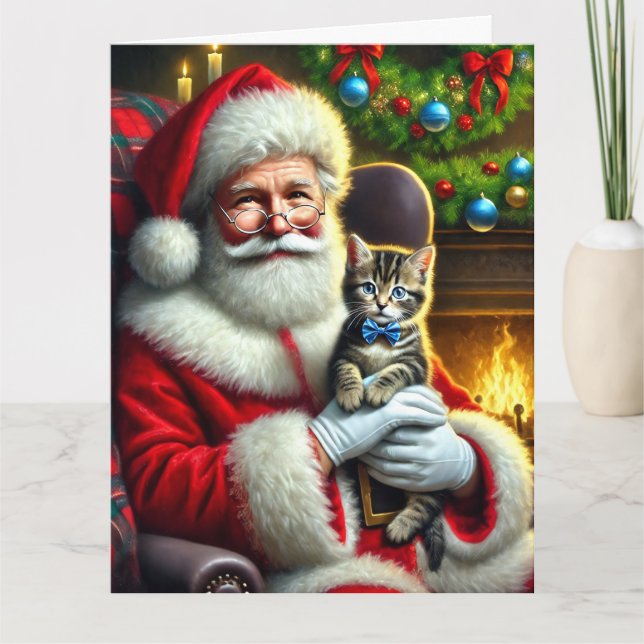 Santa and Adorable Tabby Kitten with Blue Bow Card (Front)