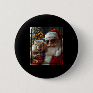 Santa And Beaver Selfie Funny Christmas Design  Button