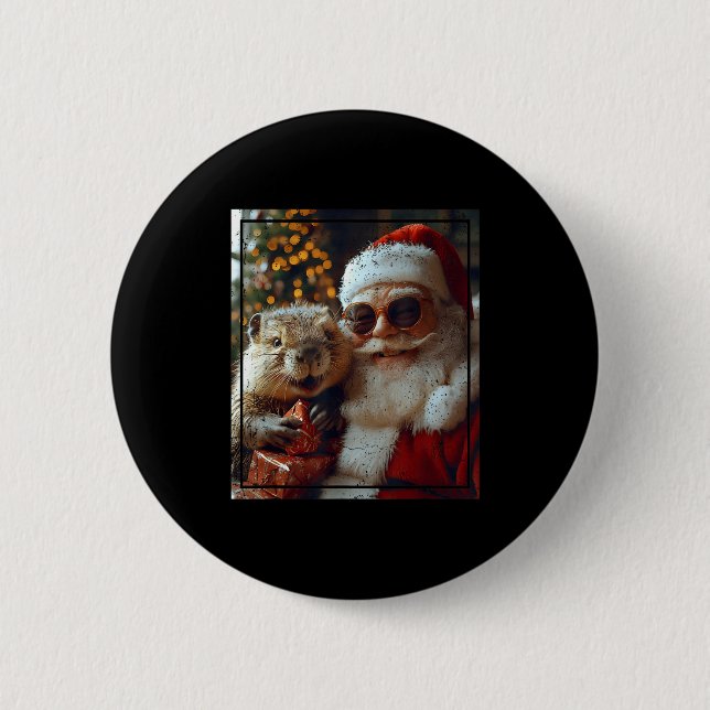 Santa And Beaver Selfie Funny Christmas Design  Button (Front)