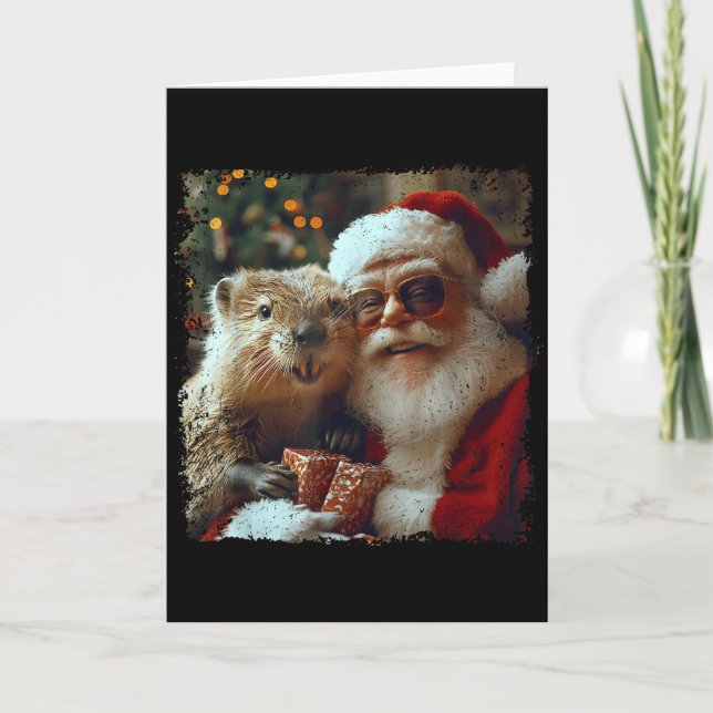 Santa And Beaver Selfie Funny Christmas Design  Card (Front)