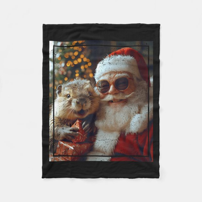 Santa And Beaver Selfie Funny Christmas Design  Fleece Blanket (Front)