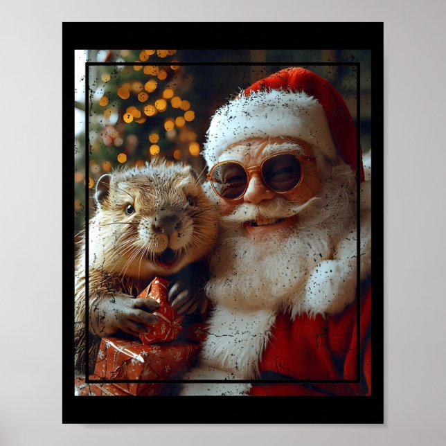 Santa And Beaver Selfie Funny Christmas Design  Poster (Front)