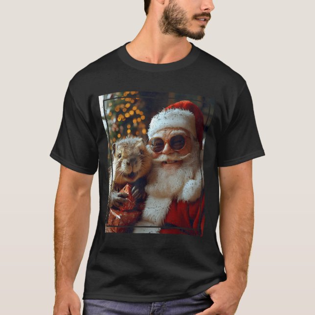 Santa And Beaver Selfie Funny Christmas Design  T-Shirt (Front)