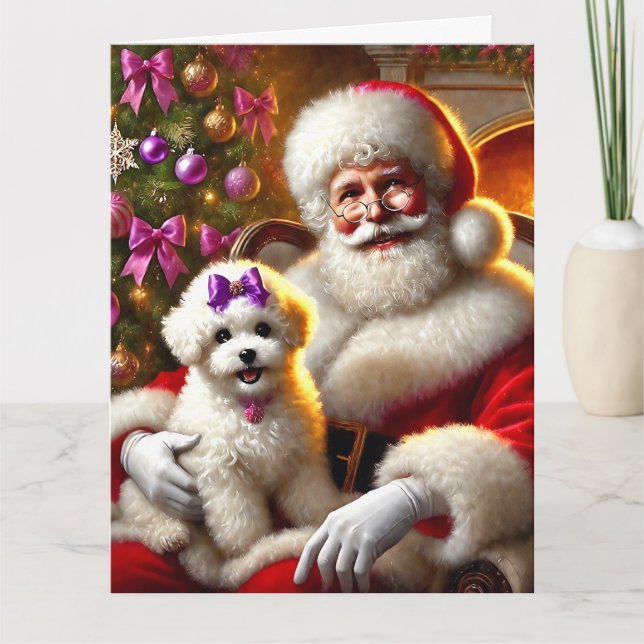 Santa and Bichon Frisé Puppy with Purple Bow Card (Front)