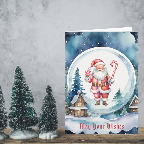 Santa and Candy Cane SnowGlobe _ Wishes Come True Card