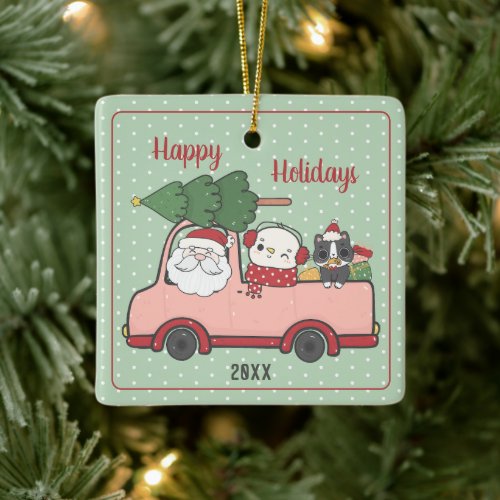 Santa And Cats Pink Truck Happy Holidays Custom Ceramic Ornament