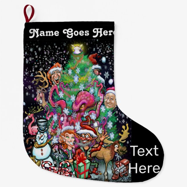 Santa and Christmas Elves Large Christmas Stocking (Front)