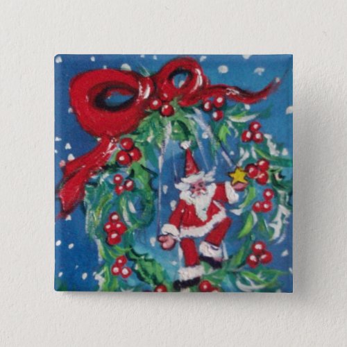 SANTA AND CHRISTMAS NIGHT CROWN WITH RED RIBBON PINBACK BUTTON