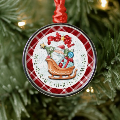 Santa and Christmas Sleigh Ceramic Circle Ornament