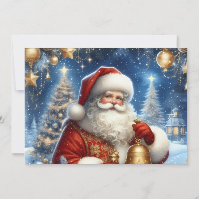 Santa and Christmas tree, blue & gold Holiday Card (Front)