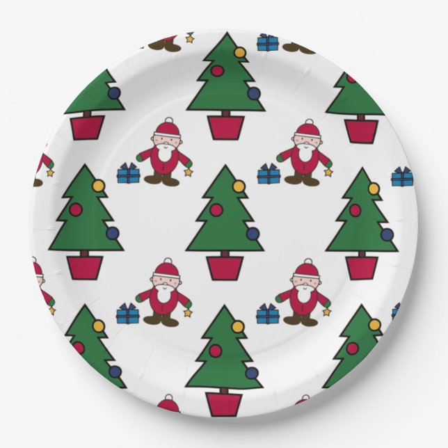 Santa And Christmas Tree paper Paper Plates (Front)