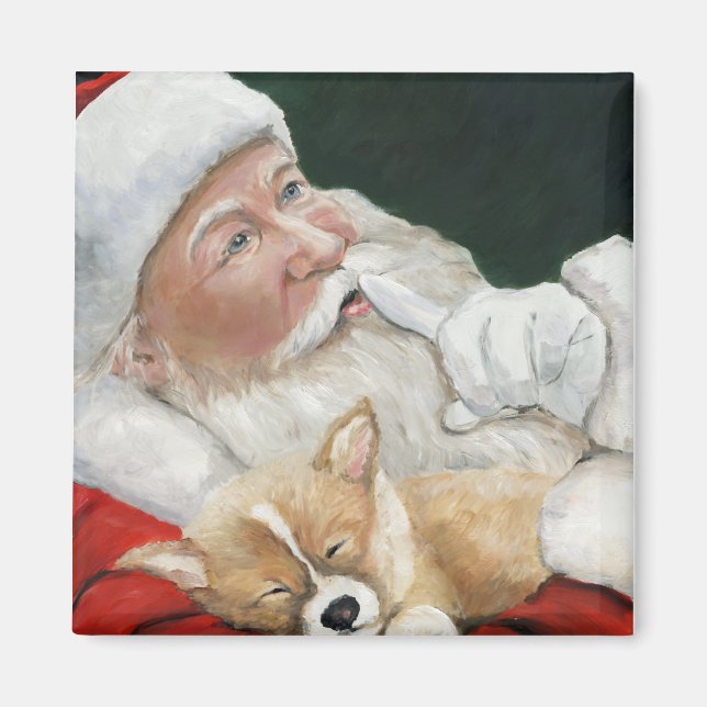 Santa and Corgi Pup Christmas Magnet (Front)