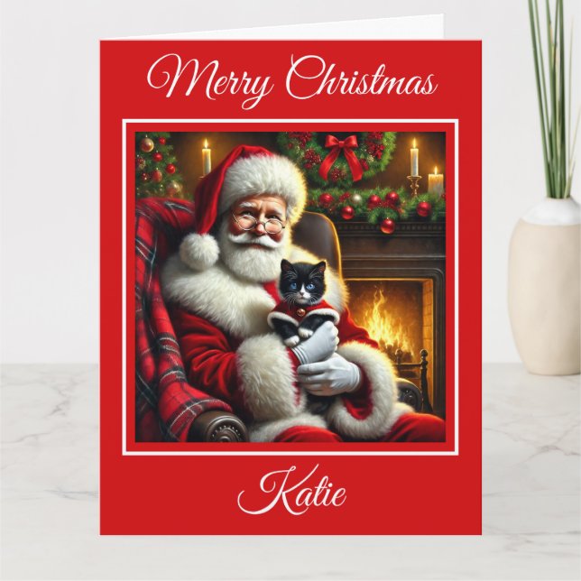 Santa and Cute Black and White Kitten Card (Front)