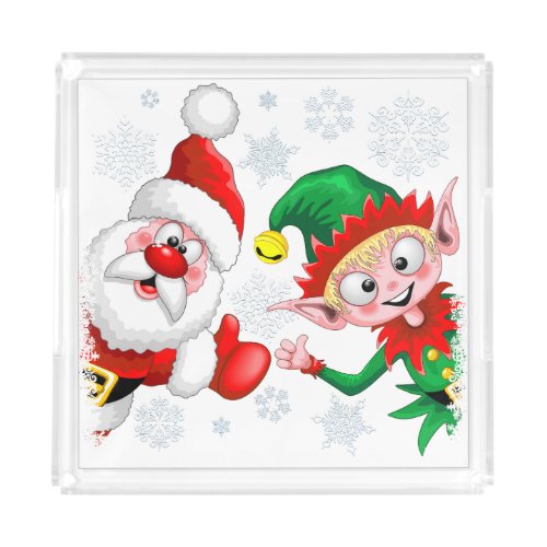 Santa and Elf Christmas Characters Thumbs Up  Acrylic Tray