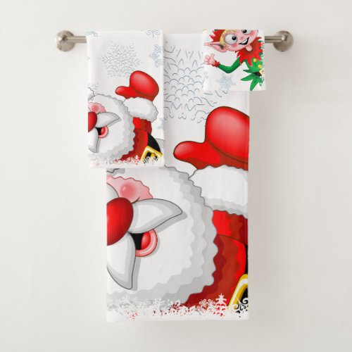 Santa and Elf Christmas Characters Thumbs Up  Bath Towel Set