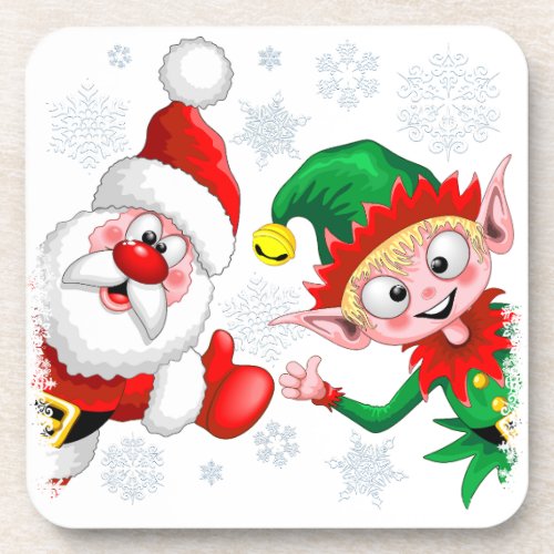 Santa and Elf Christmas Characters Thumbs Up  Beverage Coaster