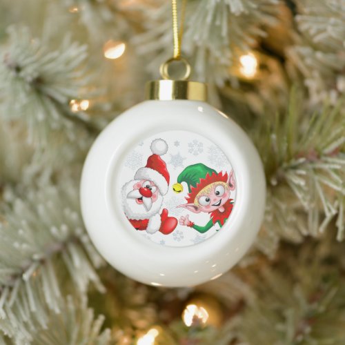 Santa and Elf Christmas Characters Thumbs Up  Ceramic Ball Christmas Ornament