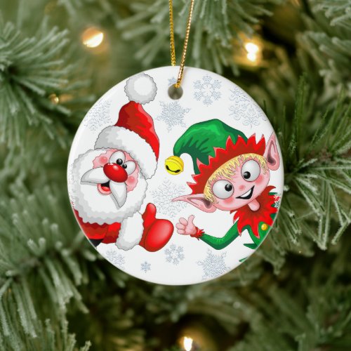 Santa and Elf Christmas Characters Thumbs Up   Ceramic Ornament