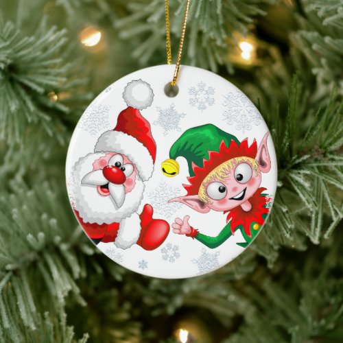 Santa and Elf Christmas Characters Thumbs Up  Ceramic Ornament