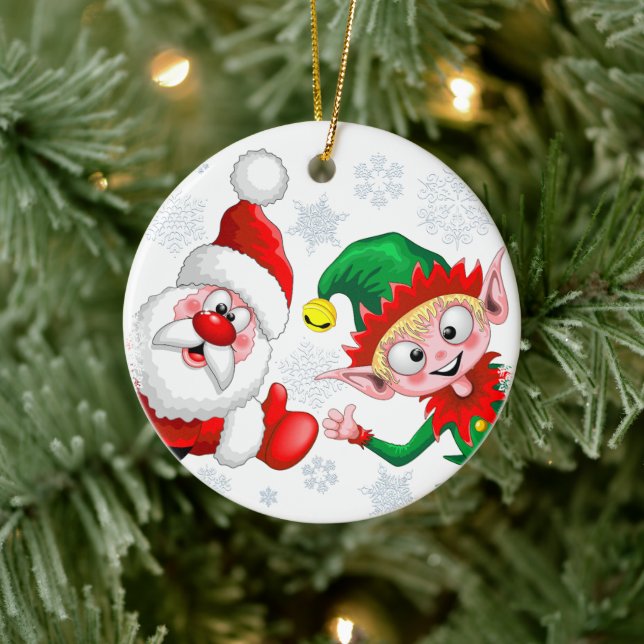 Santa and Elf Christmas Characters Thumbs Up  Ceramic Ornament (Tree)
